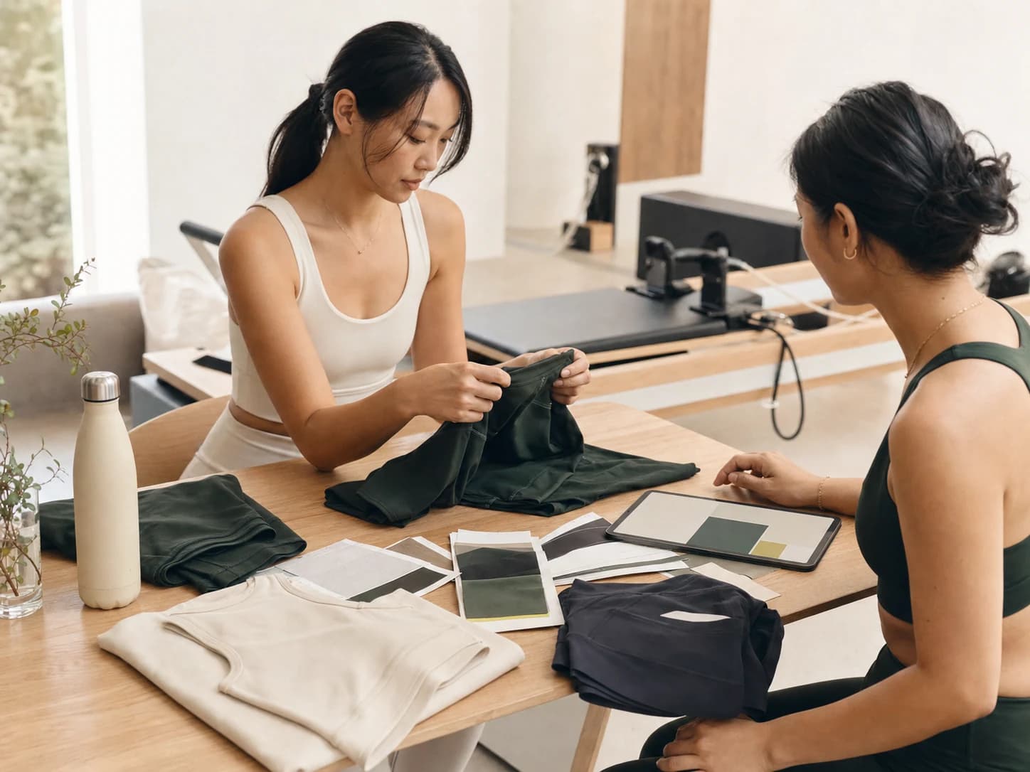兩位運動服飾品牌團隊成員在工作室檢視樣衣與色票