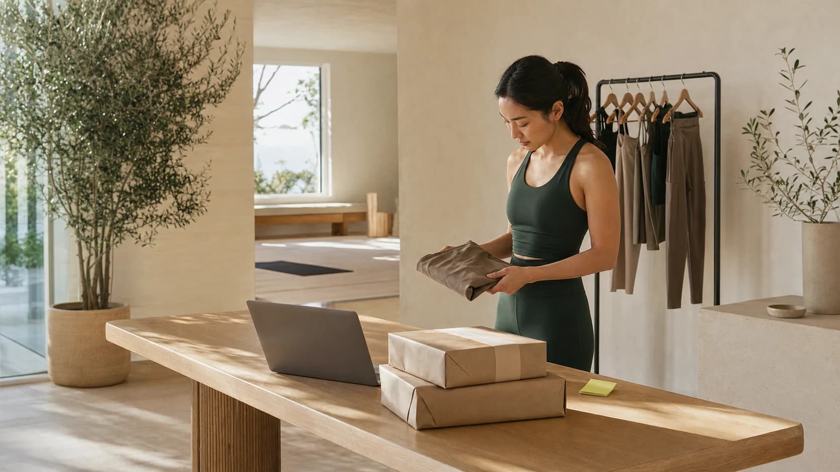 A wellness brand founder preparing products and orders in a bright studio